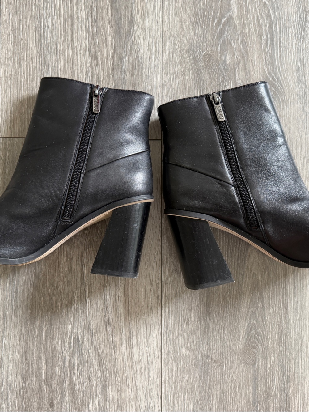 Franco Sarto Black Leather Ankle Booties with Block Heel - Picture 2 of 10